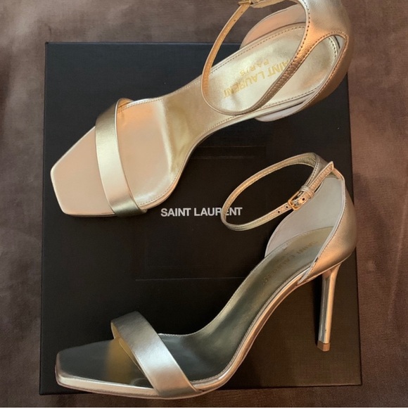 SAINT LAURENT AMBER 85 PLATINO GOLD LEARHER STRAP HEEL SANDAL PUMP 38 - Picture 5 of 6